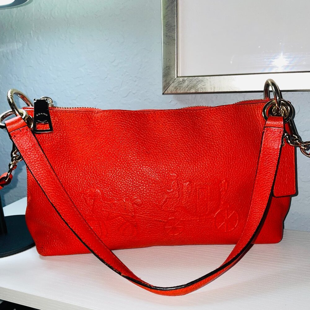 COACH Red Pebbled Leather Charley Crossbody Travel Bag